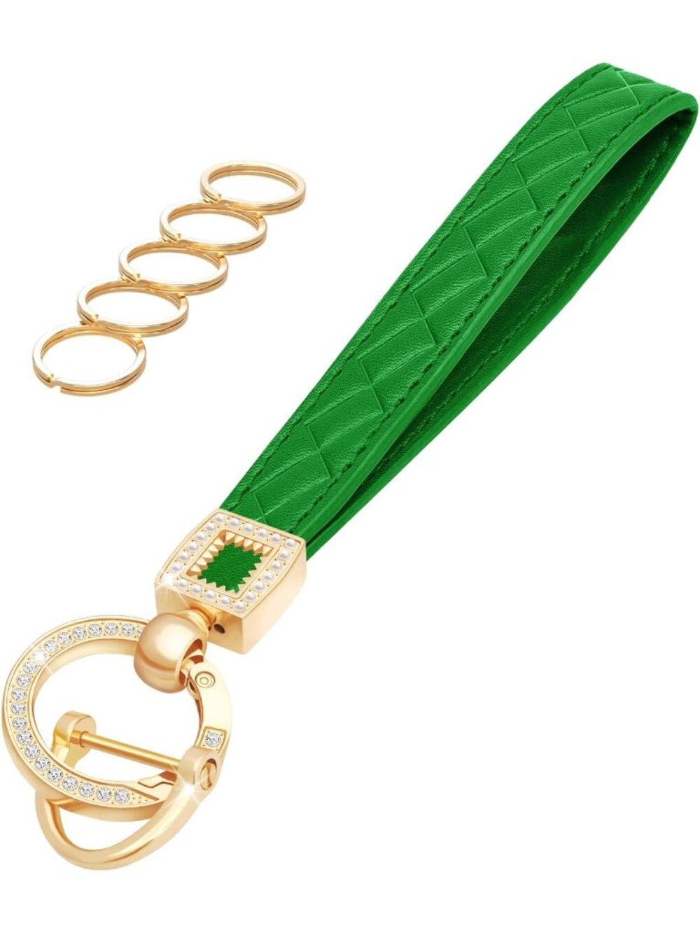 Women's Green  Car Keys loop Cross-hatched Key Holder Leather Wristlet Keychain